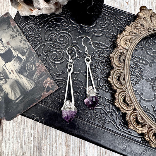 Raw Amethyst Fine Silver Crystal Dangle Earrings / Long Dangle Witchy Earrings