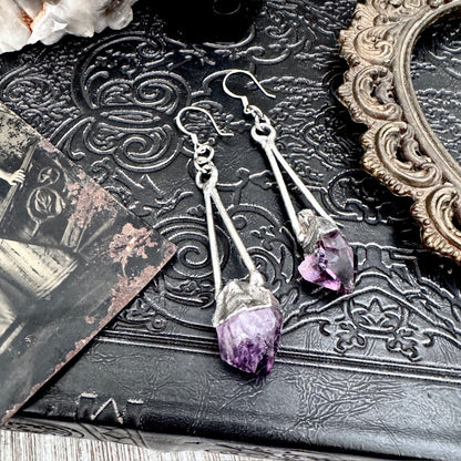 Raw Amethyst Fine Silver Crystal Dangle Earrings / Long Dangle Witchy Earrings