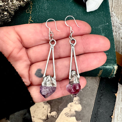 Raw Amethyst Fine Silver Crystal Dangle Earrings / Long Dangle Witchy Earrings