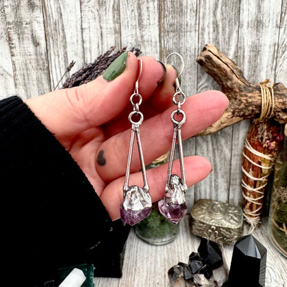 Raw Amethyst Fine Silver Crystal Dangle Earrings / Long Dangle Witchy Earrings