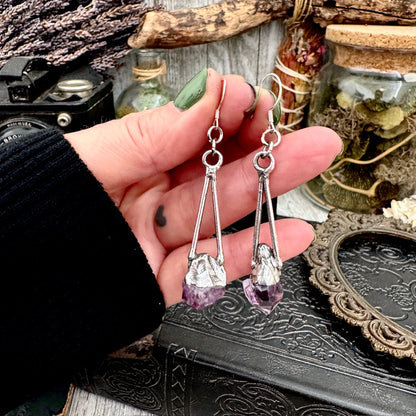 Raw Amethyst Fine Silver Crystal Dangle Earrings / Long Dangle Witchy Earrings