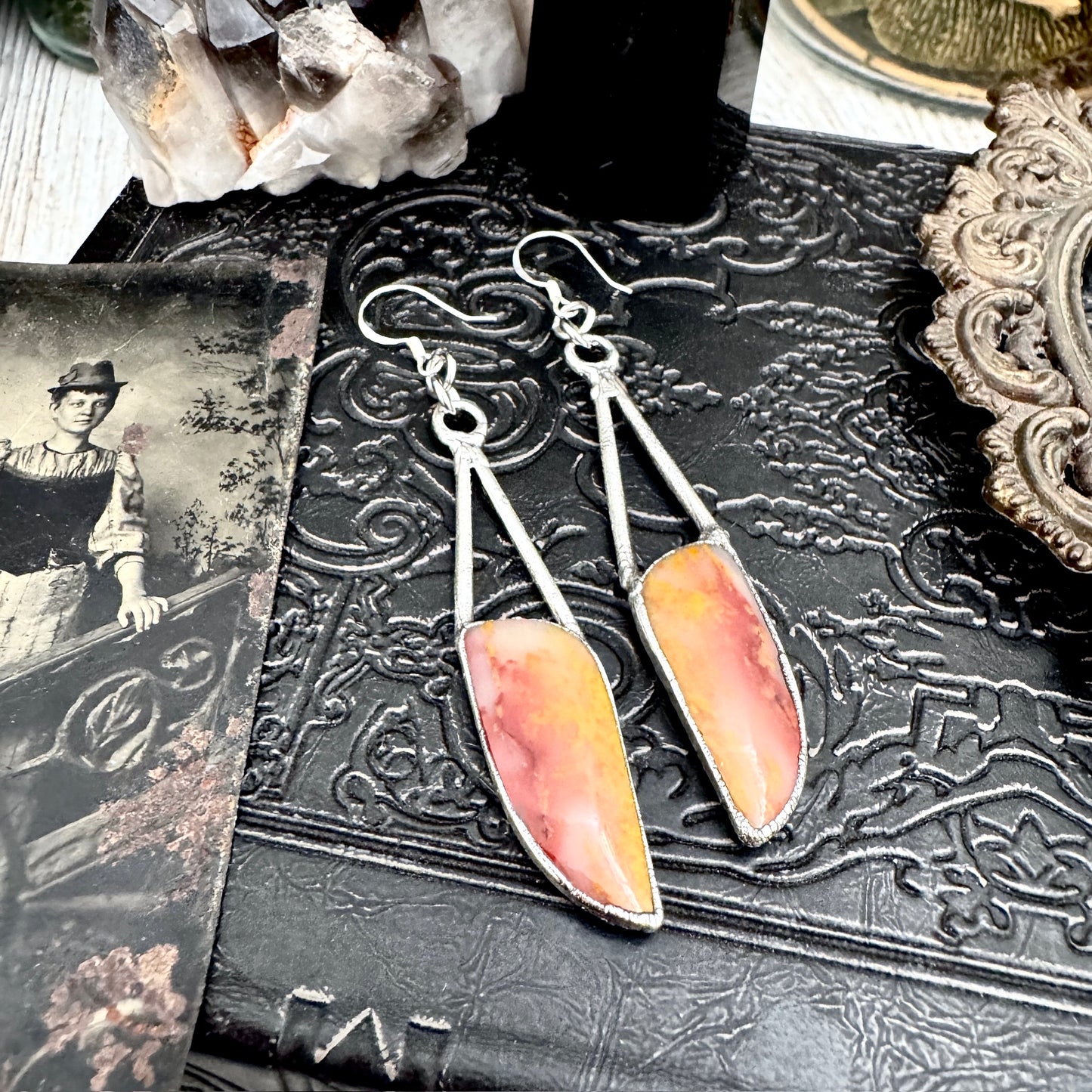 Jasper Fine Silver Crystal Dangle Earrings / Long Dangle Witchy Earrings