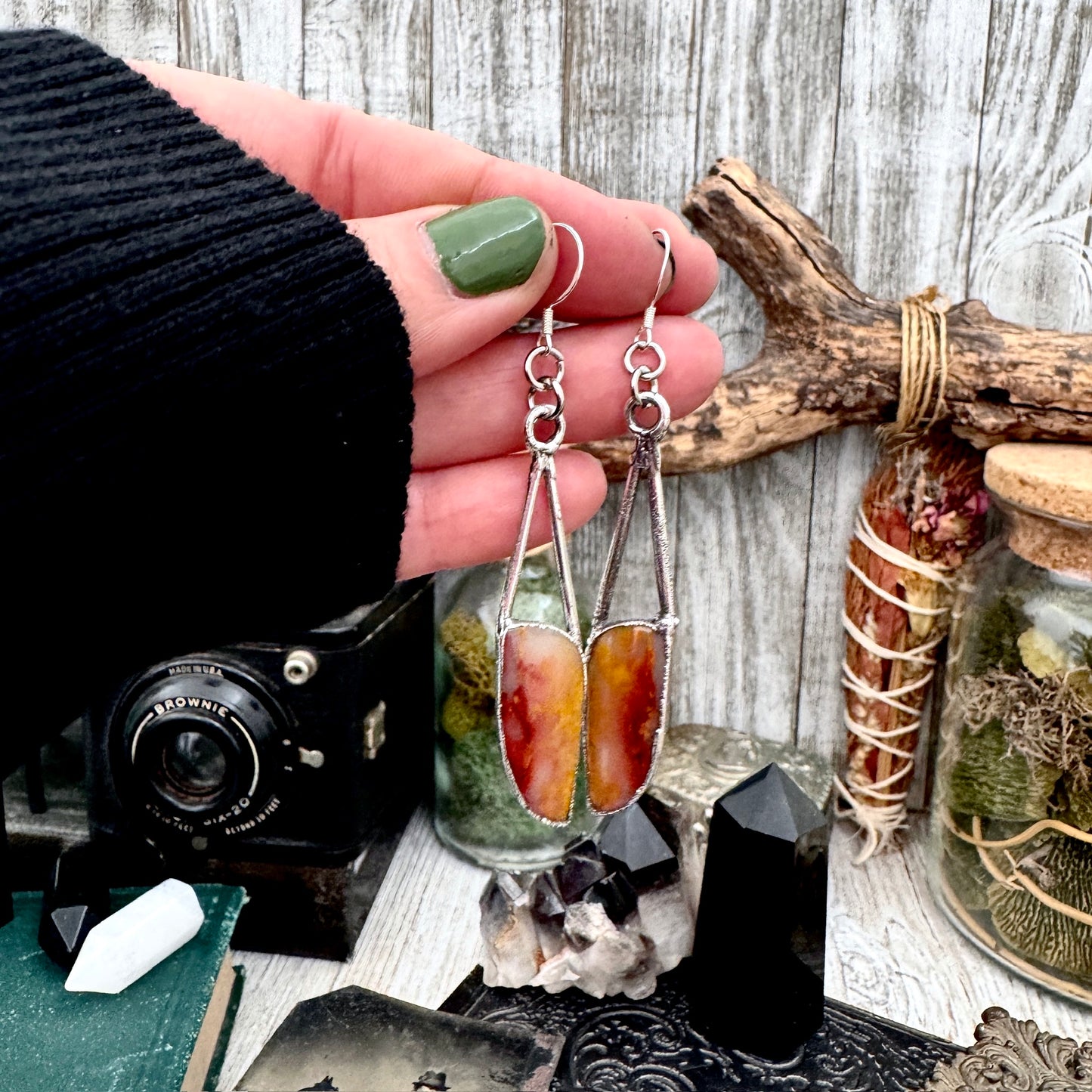 Jasper Fine Silver Crystal Dangle Earrings / Long Dangle Witchy Earrings