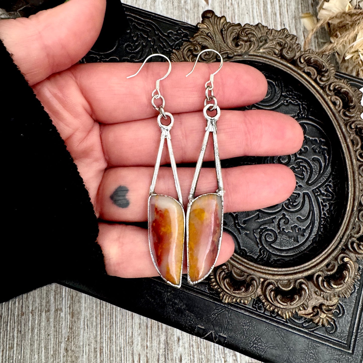 Jasper Fine Silver Crystal Dangle Earrings / Long Dangle Witchy Earrings