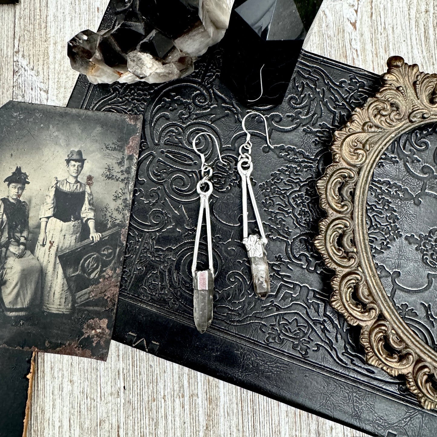 Raw Smoky Quartz Fine Silver Crystal Dangle Earrings / Long Dangle Witchy Earrings