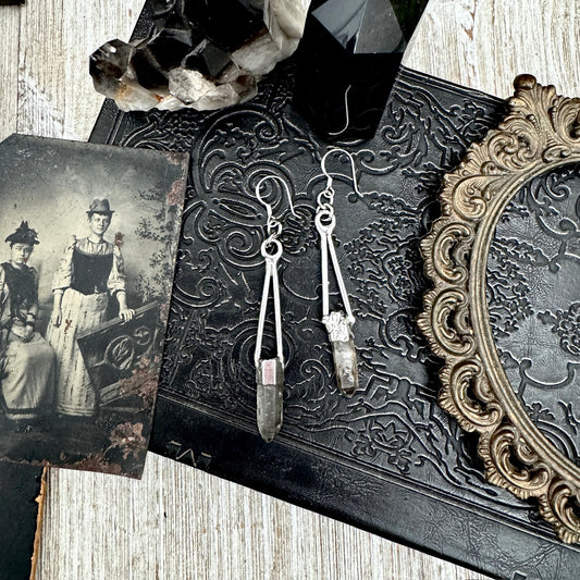 Raw Smoky Quartz Fine Silver Crystal Dangle Earrings / Long Dangle Witchy Earrings