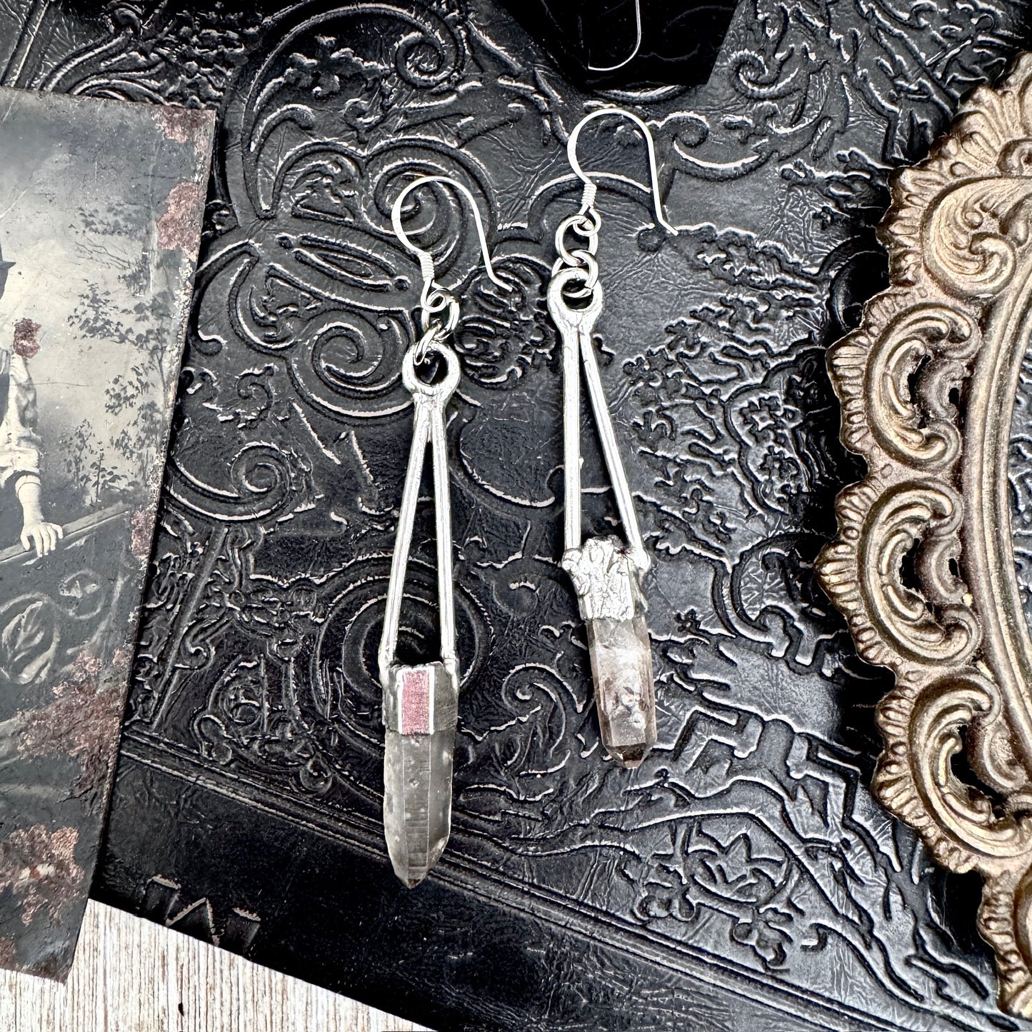 Raw Smoky Quartz Fine Silver Crystal Dangle Earrings / Long Dangle Witchy Earrings