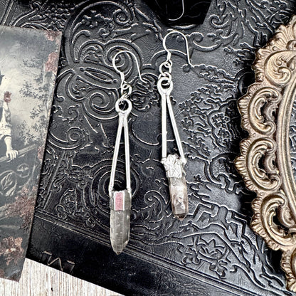 Raw Smoky Quartz Fine Silver Crystal Dangle Earrings / Long Dangle Witchy Earrings