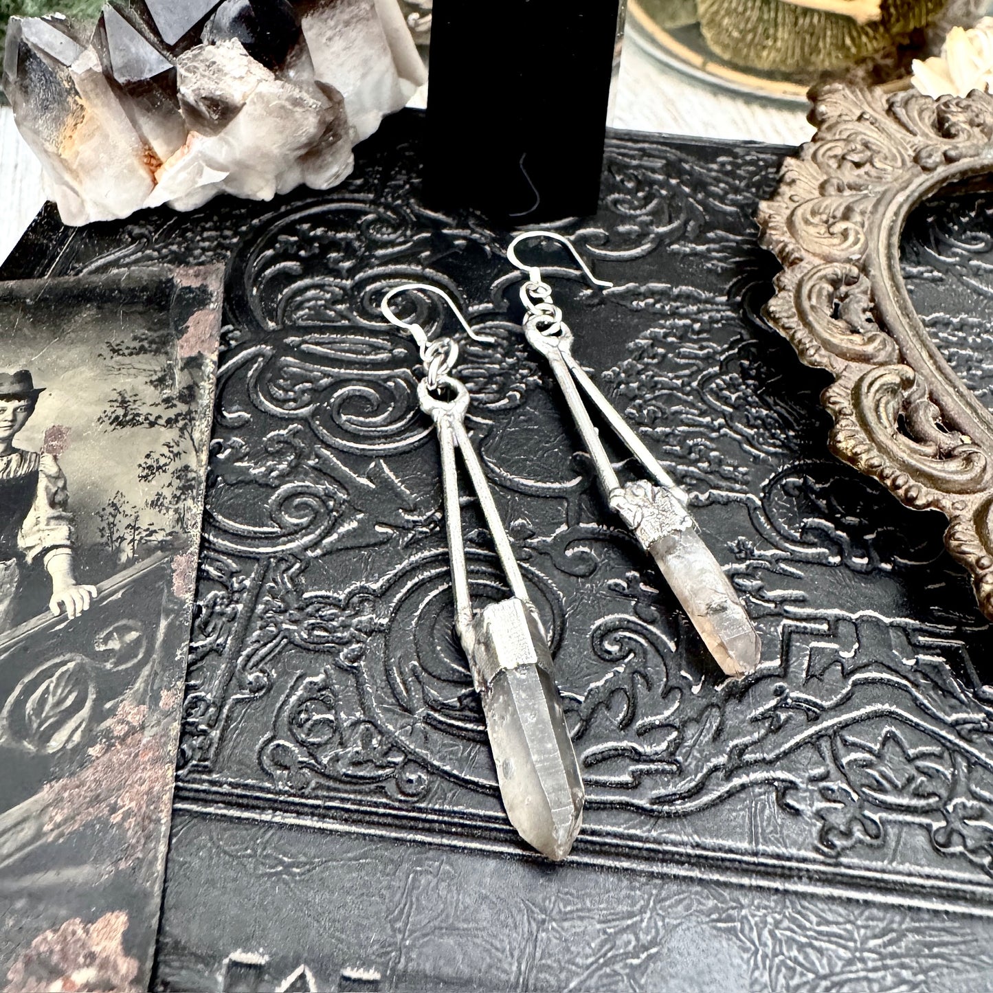 Raw Smoky Quartz Fine Silver Crystal Dangle Earrings / Long Dangle Witchy Earrings
