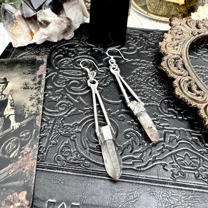 Raw Smoky Quartz Fine Silver Crystal Dangle Earrings / Long Dangle Witchy Earrings