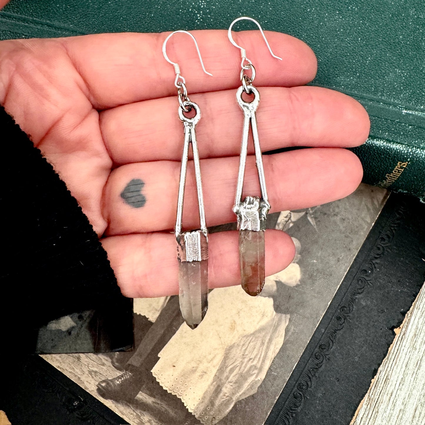 Raw Smoky Quartz Fine Silver Crystal Dangle Earrings / Long Dangle Witchy Earrings