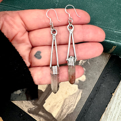 Raw Smoky Quartz Fine Silver Crystal Dangle Earrings / Long Dangle Witchy Earrings