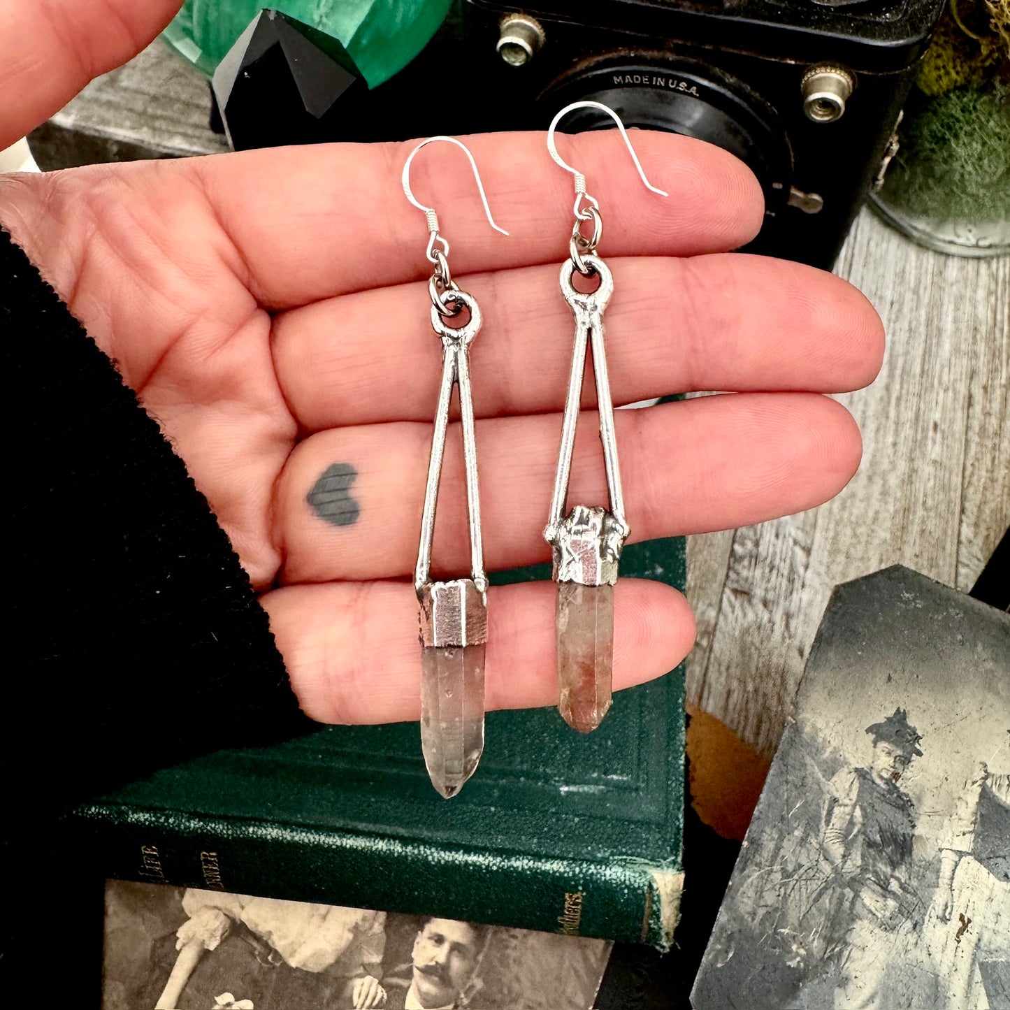 Raw Smoky Quartz Fine Silver Crystal Dangle Earrings / Long Dangle Witchy Earrings