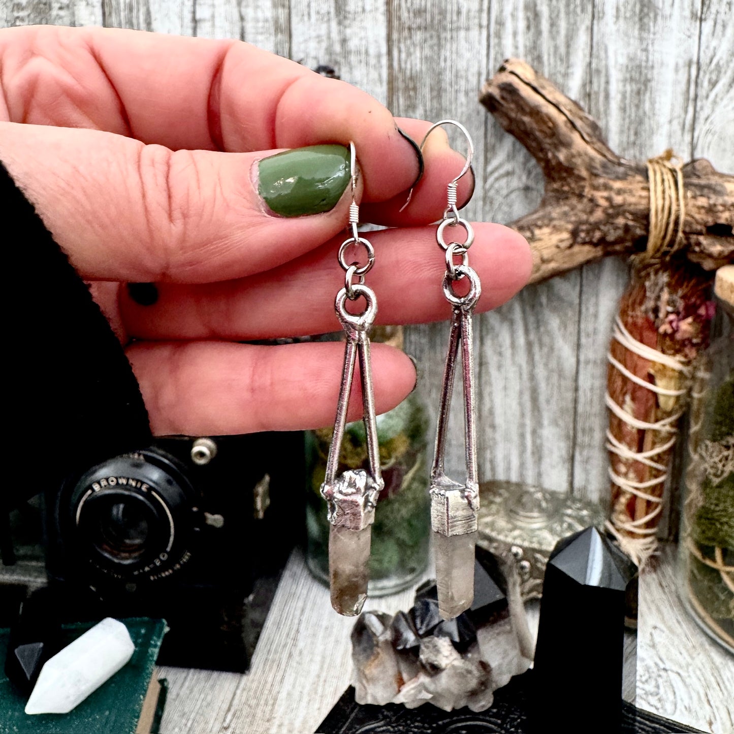 Raw Smoky Quartz Fine Silver Crystal Dangle Earrings / Long Dangle Witchy Earrings