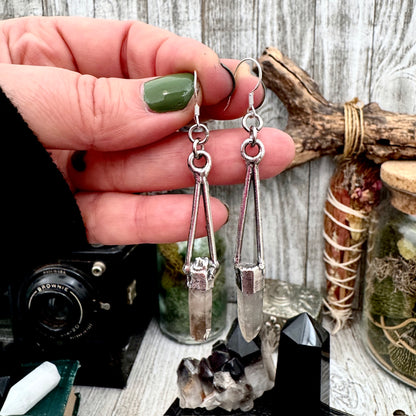 Raw Smoky Quartz Fine Silver Crystal Dangle Earrings / Long Dangle Witchy Earrings