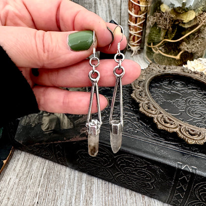 Raw Smoky Quartz Fine Silver Crystal Dangle Earrings / Long Dangle Witchy Earrings