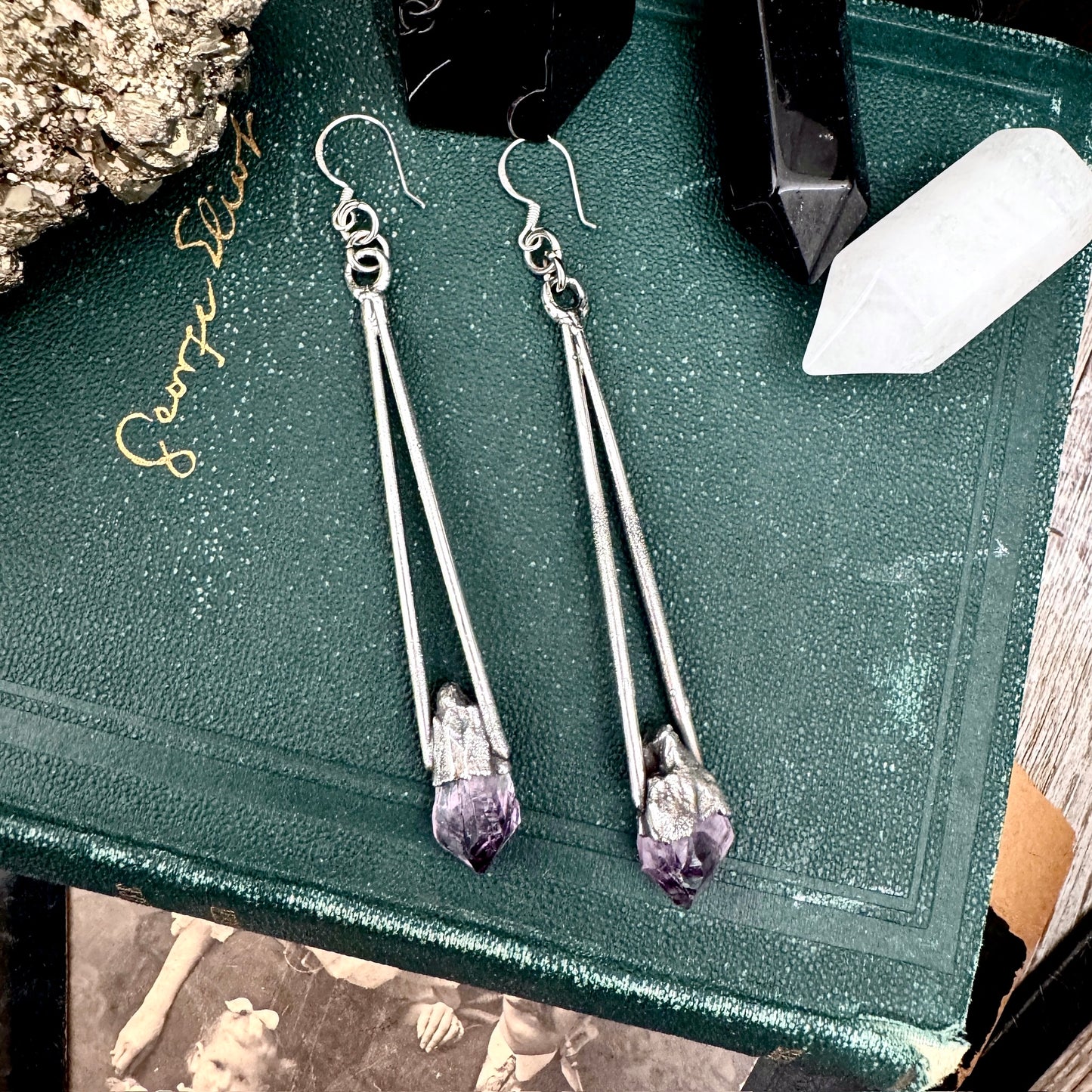 Raw Amethyst Fine Silver Crystal Dangle Earrings / Long Dangle Witchy Earrings