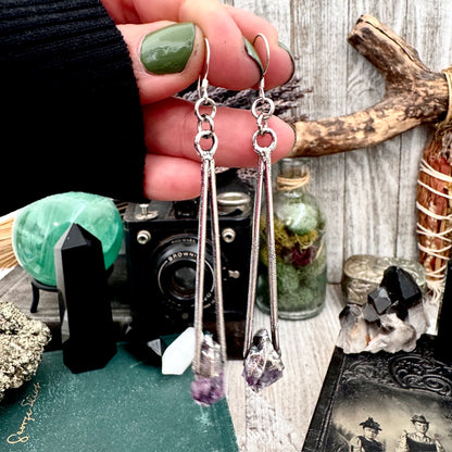 Raw Amethyst Fine Silver Crystal Dangle Earrings / Long Dangle Witchy Earrings
