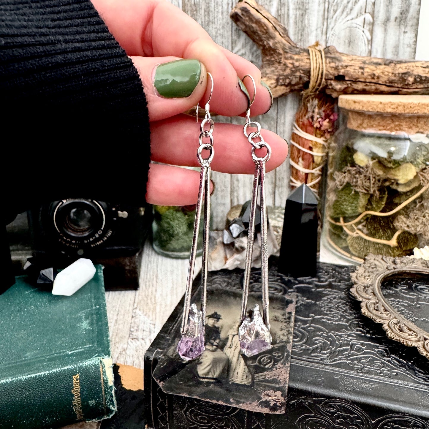 Raw Amethyst Fine Silver Crystal Dangle Earrings / Long Dangle Witchy Earrings
