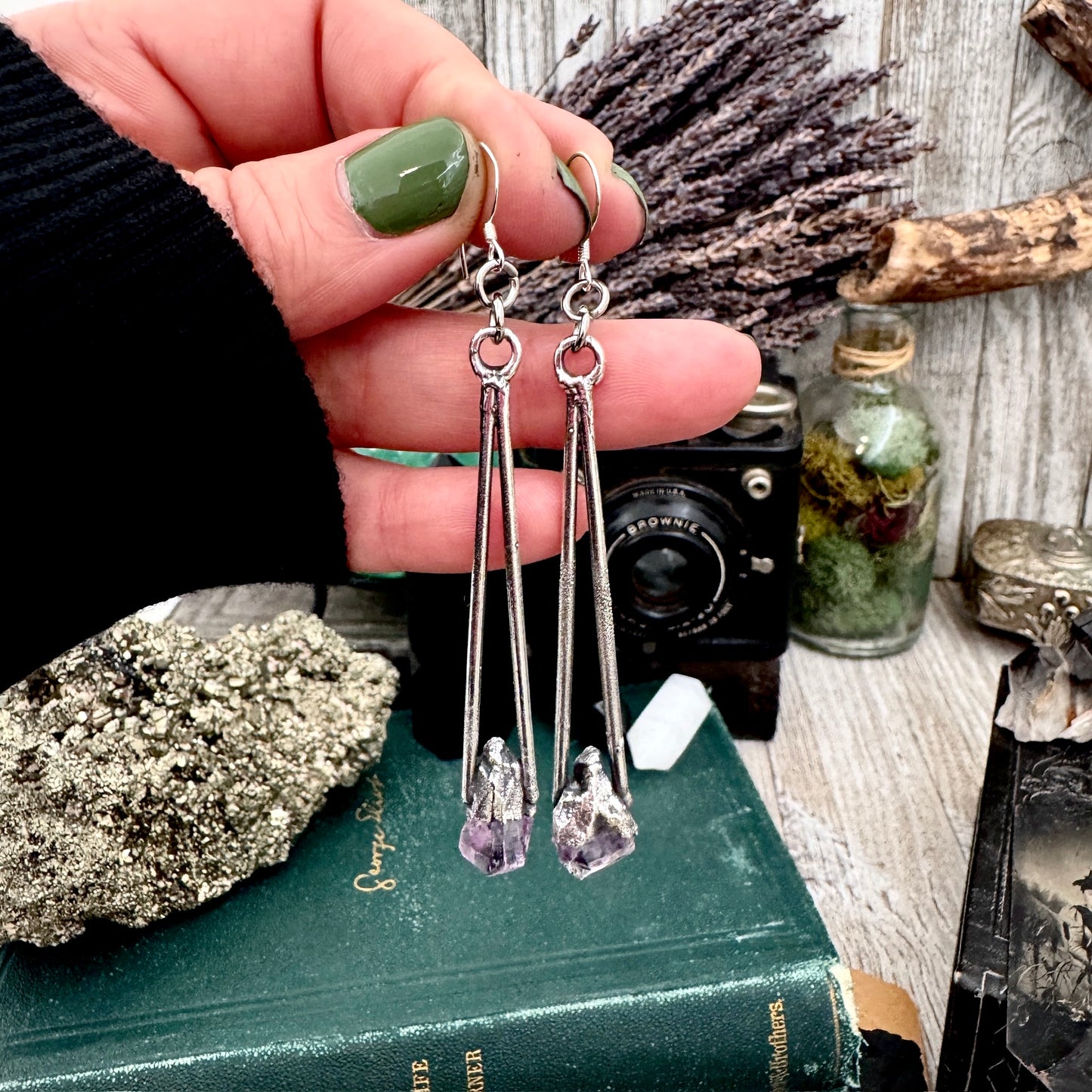 Raw Amethyst Fine Silver Crystal Dangle Earrings / Long Dangle Witchy Earrings