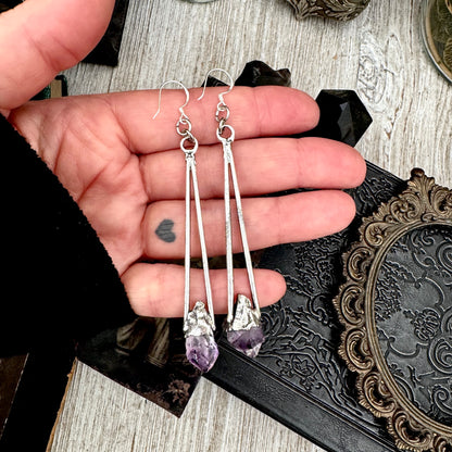 Raw Amethyst Fine Silver Crystal Dangle Earrings / Long Dangle Witchy Earrings