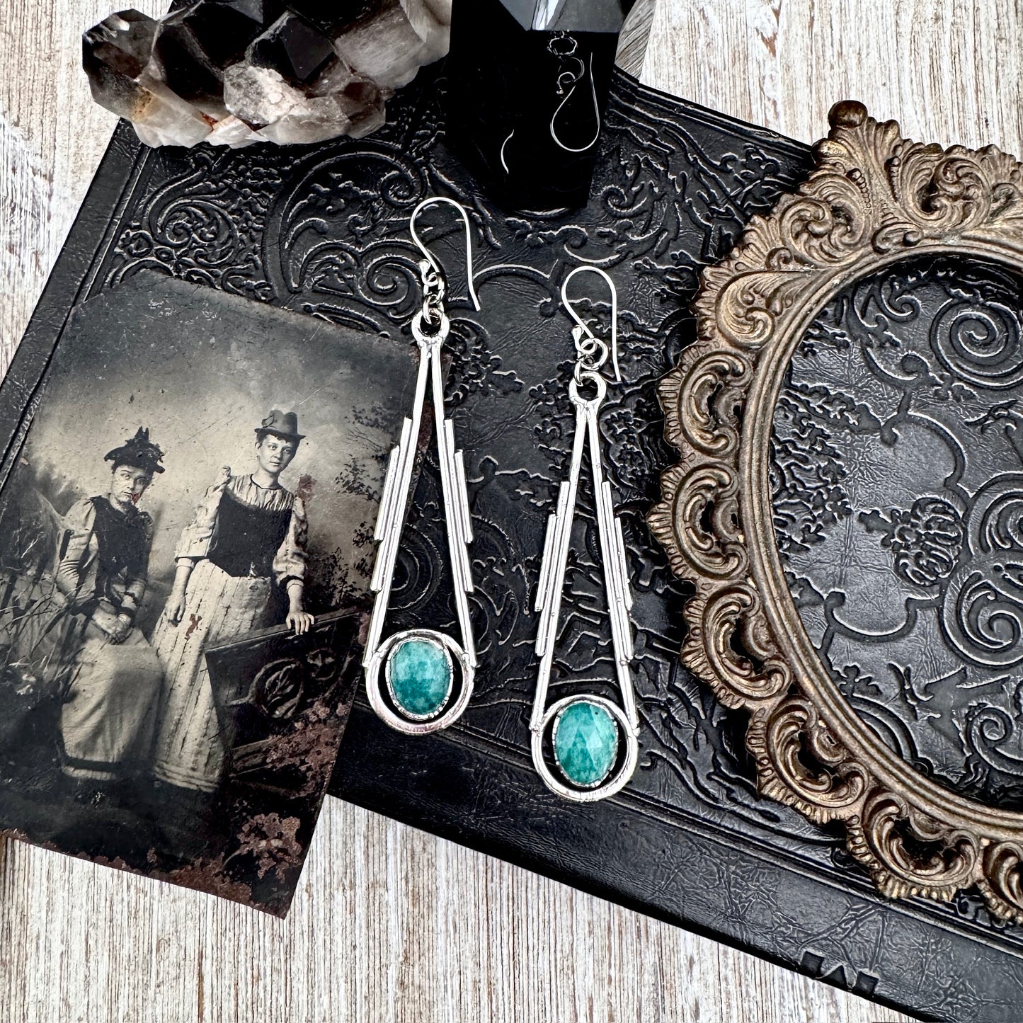 Ammonite Fine Silver Crystal Dangle Earrings / Long Dangle Witchy Earrings