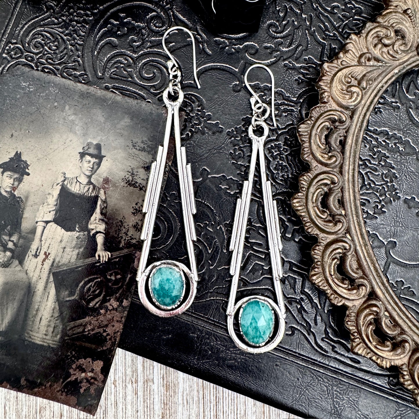 Ammonite Fine Silver Crystal Dangle Earrings / Long Dangle Witchy Earrings