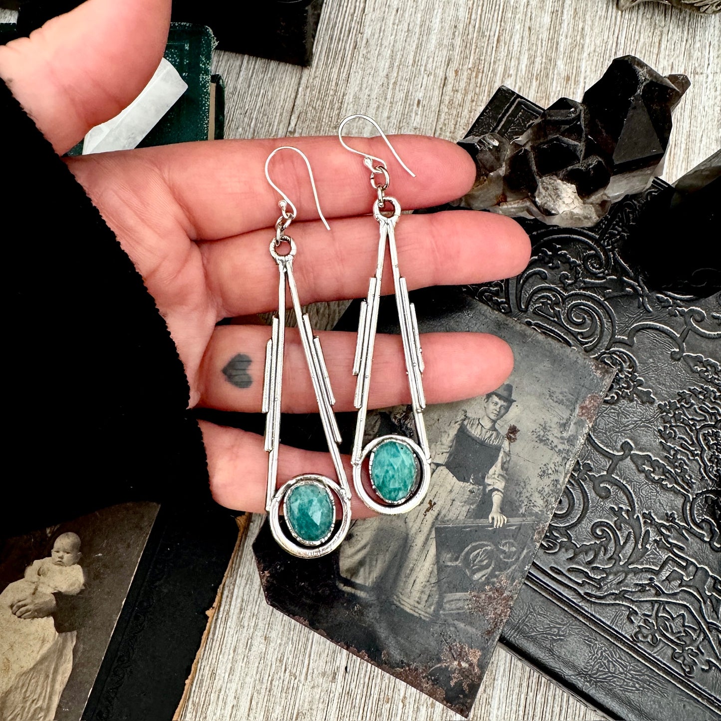 Ammonite Fine Silver Crystal Dangle Earrings / Long Dangle Witchy Earrings