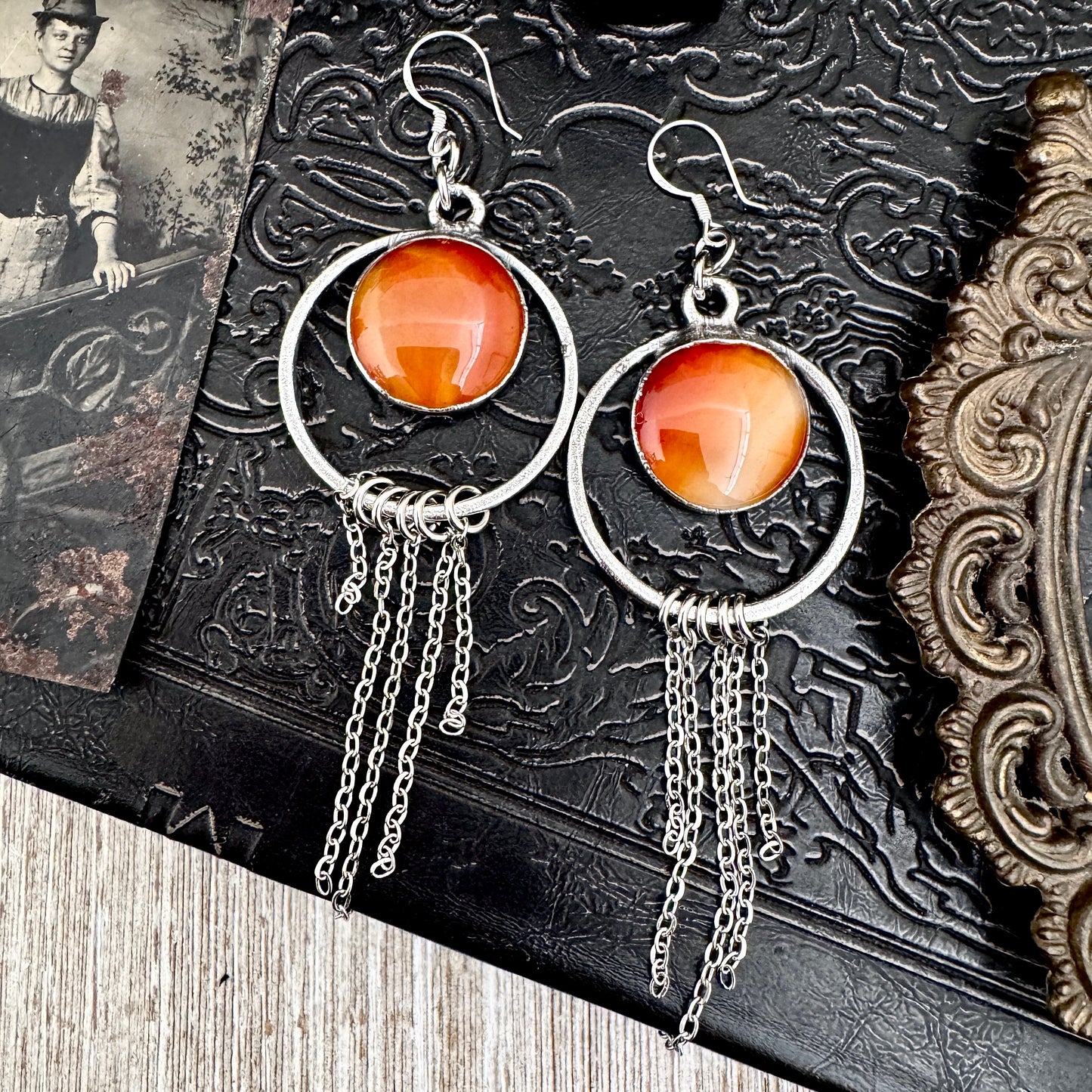 Carnelian Fine Silver Crystal Hoop Fringe Earrings / Long Dangle Witchy Earrings