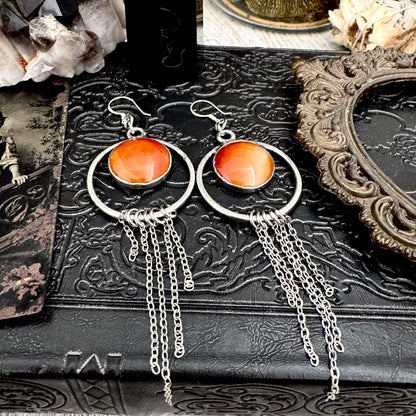 Carnelian Fine Silver Crystal Hoop Fringe Earrings / Long Dangle Witchy Earrings