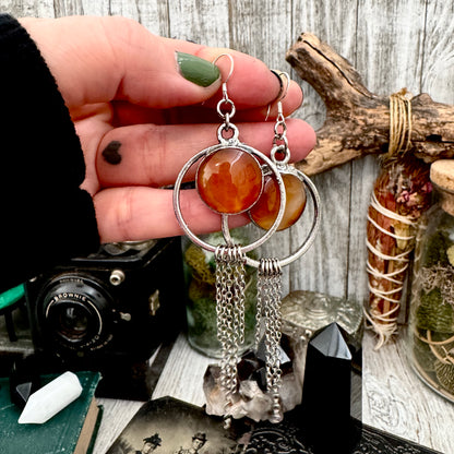Carnelian Fine Silver Crystal Hoop Fringe Earrings / Long Dangle Witchy Earrings