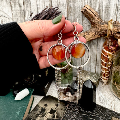 Carnelian Fine Silver Crystal Hoop Fringe Earrings / Long Dangle Witchy Earrings