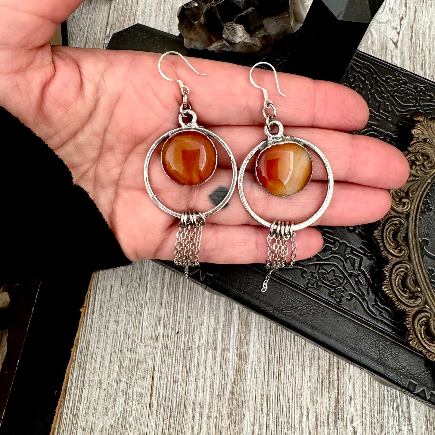 Carnelian Fine Silver Crystal Hoop Fringe Earrings / Long Dangle Witchy Earrings