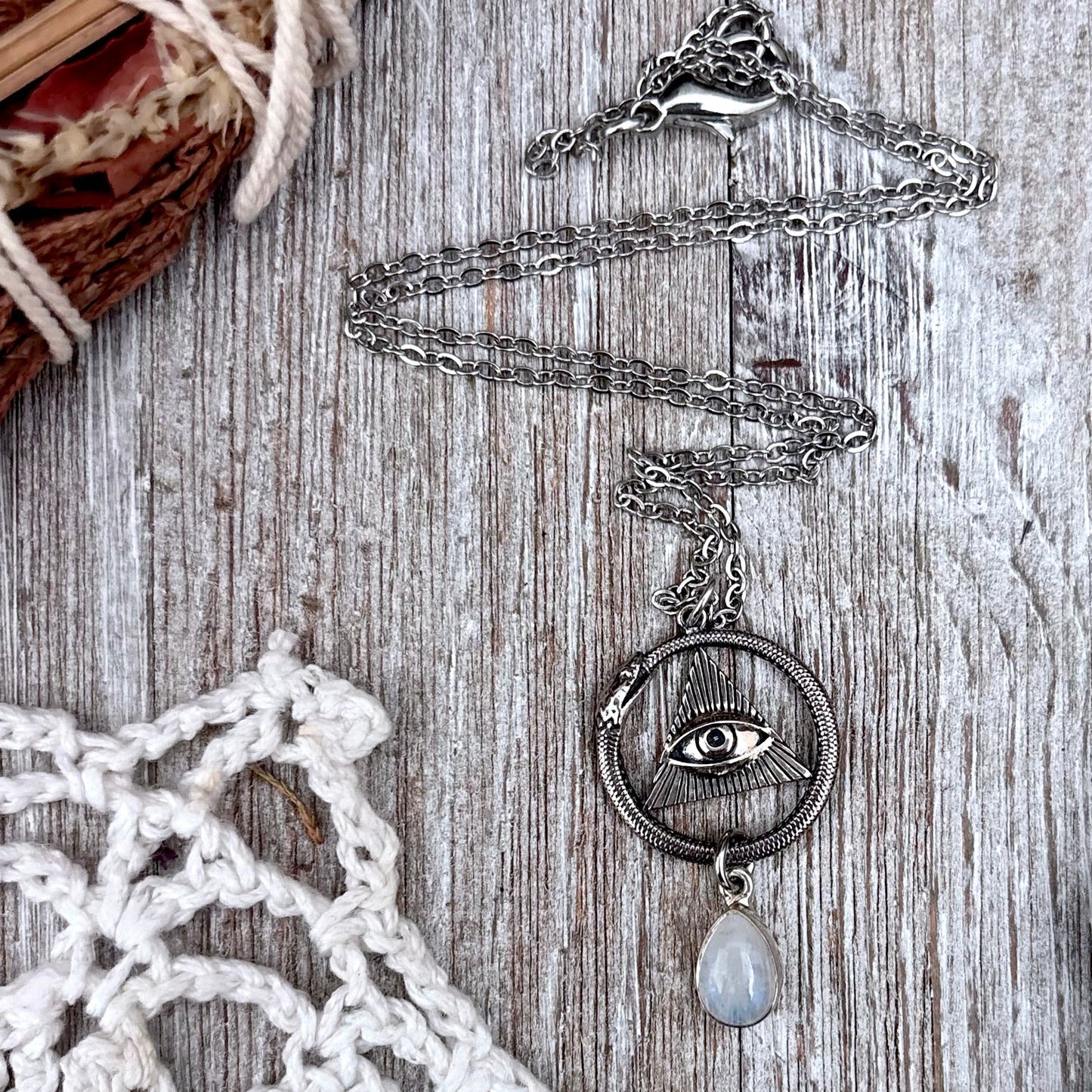 Ouroboros Evil Eye Rainbow Moonstone Talisman Necklace / Talisman Collection-Sterling Silver