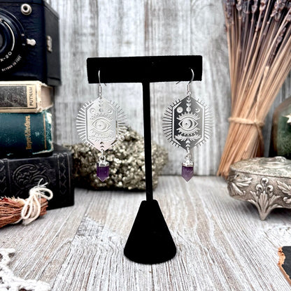 Stainless Steel All Seeing Eye Amethyst Earrings / Long Dangle Earrings