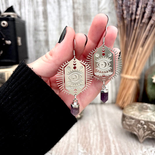 Stainless Steel All Seeing Eye Amethyst Earrings / Long Dangle Earrings