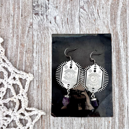 Stainless Steel All Seeing Eye Amethyst Earrings / Long Dangle Earrings