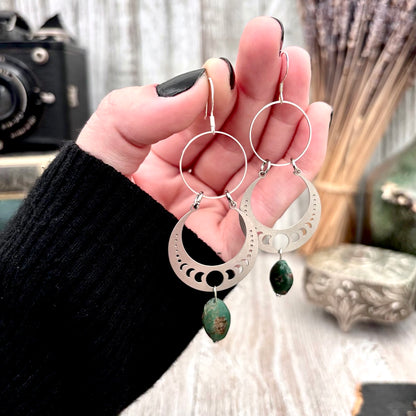 Stainless Steel Moon Phases Turquoise Hoop Earrings / Long Dangle Earrings