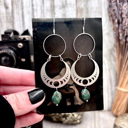 Stainless Steel Moon Phases Turquoise Hoop Earrings / Long Dangle Earrings