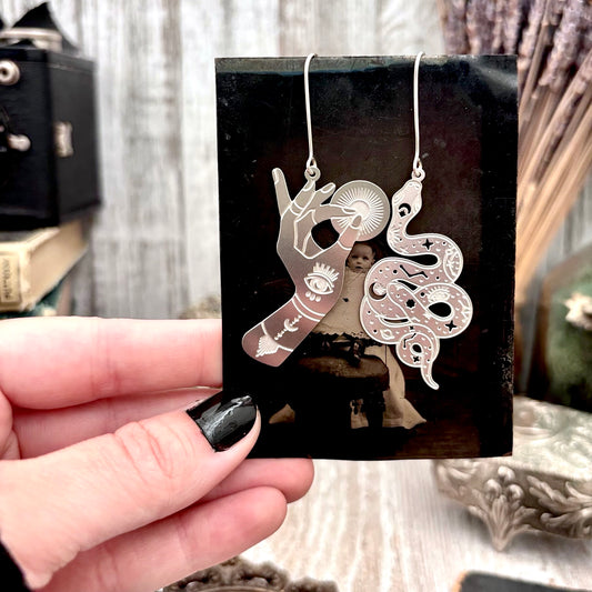 Stainless Steel Celestial Snake and Hand Earrings / Long Dangle Earrings