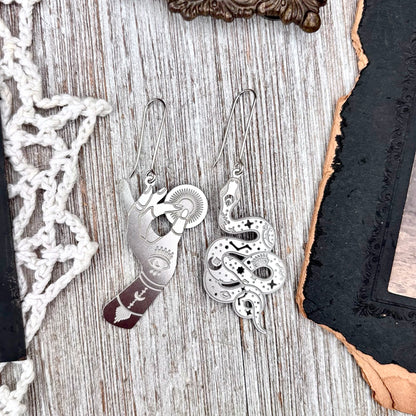 Stainless Steel Celestial Snake and Hand Earrings / Long Dangle Earrings