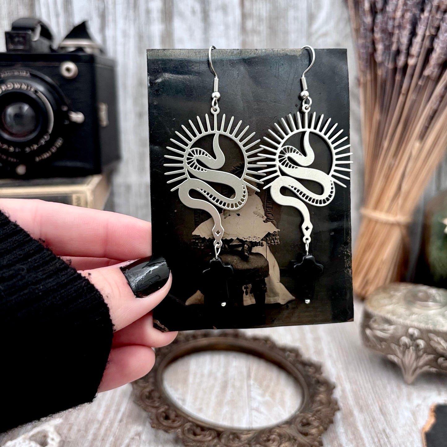 Stainless Steel Snake and Black Cross Earrings / Long Dangle Earrings