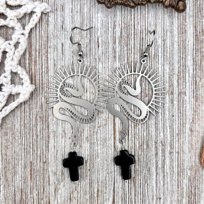 Stainless Steel Snake and Black Cross Earrings / Long Dangle Earrings