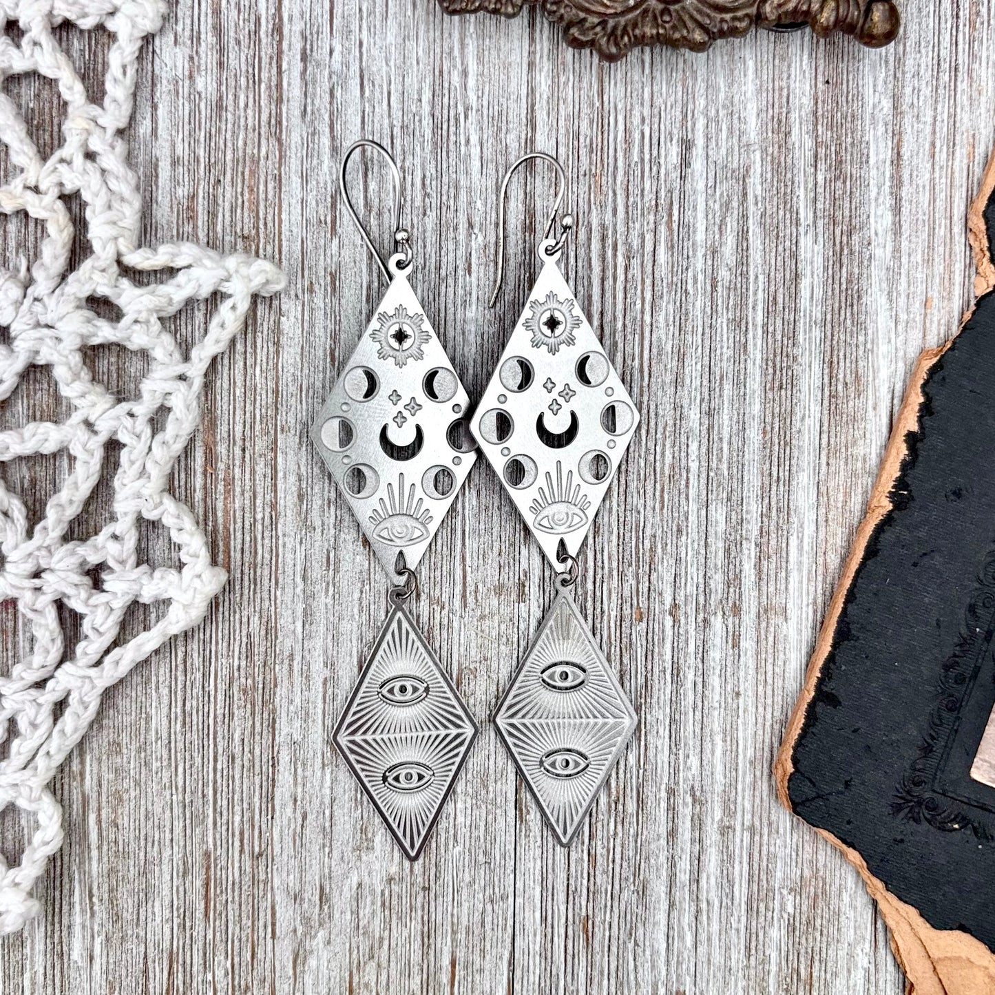 Stainless Steel Moon Phases All Seeing Eye Earrings / Long Dangle Earrings