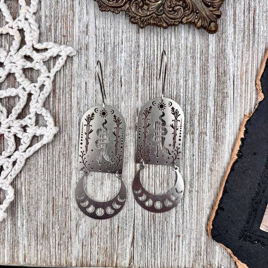 Stainless Steel Moon Phases Two Headed Snake Earrings / Long Dangle Earrings