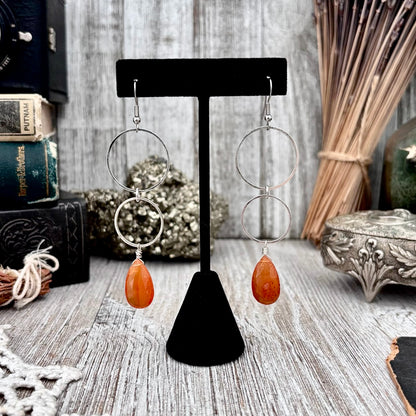 Stainless Steel Carnelian Hoop Earrings / Long Dangle Earrings