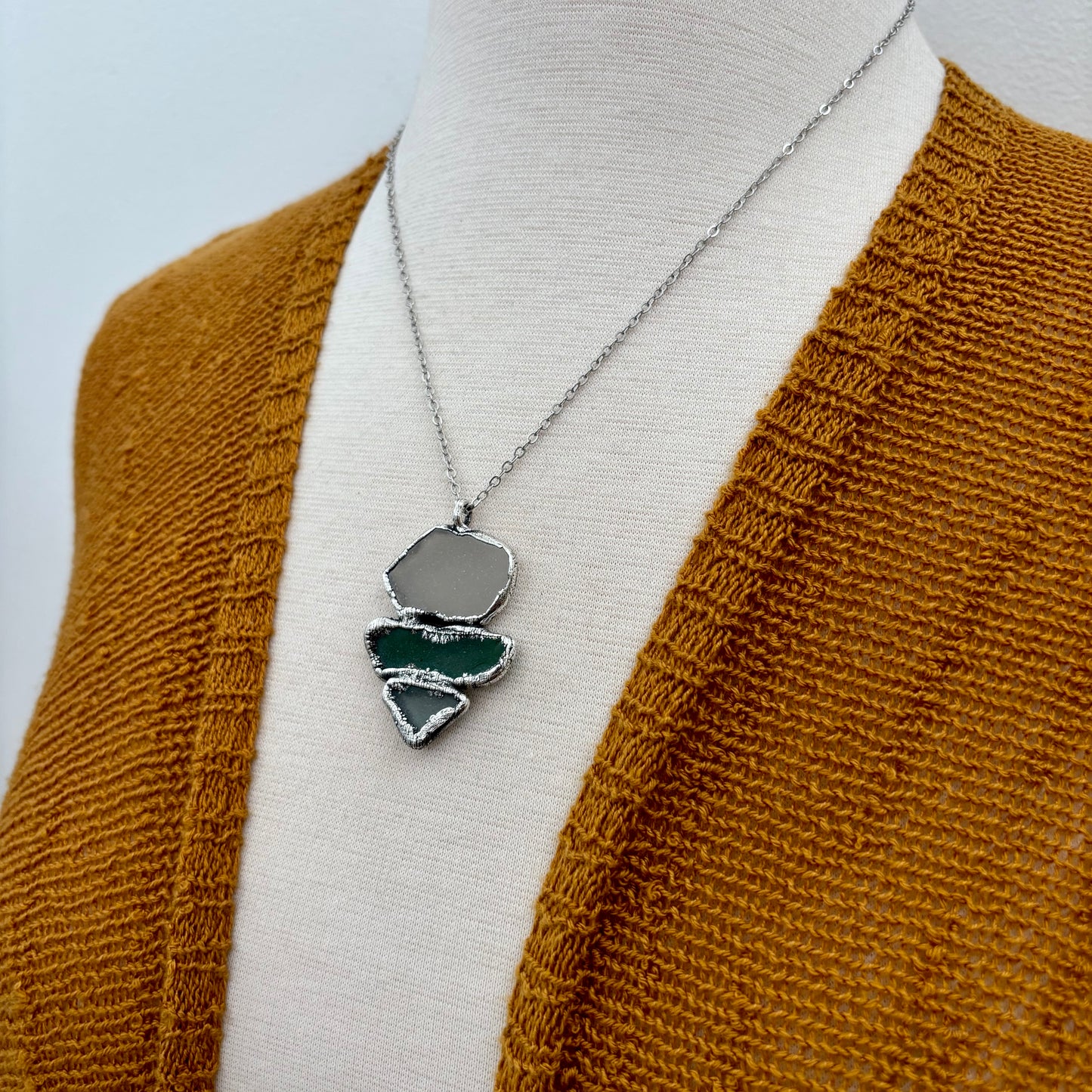 Three Stone Green and Clear Sea Glass Necklace in Fine Silver / Foxlark Collection