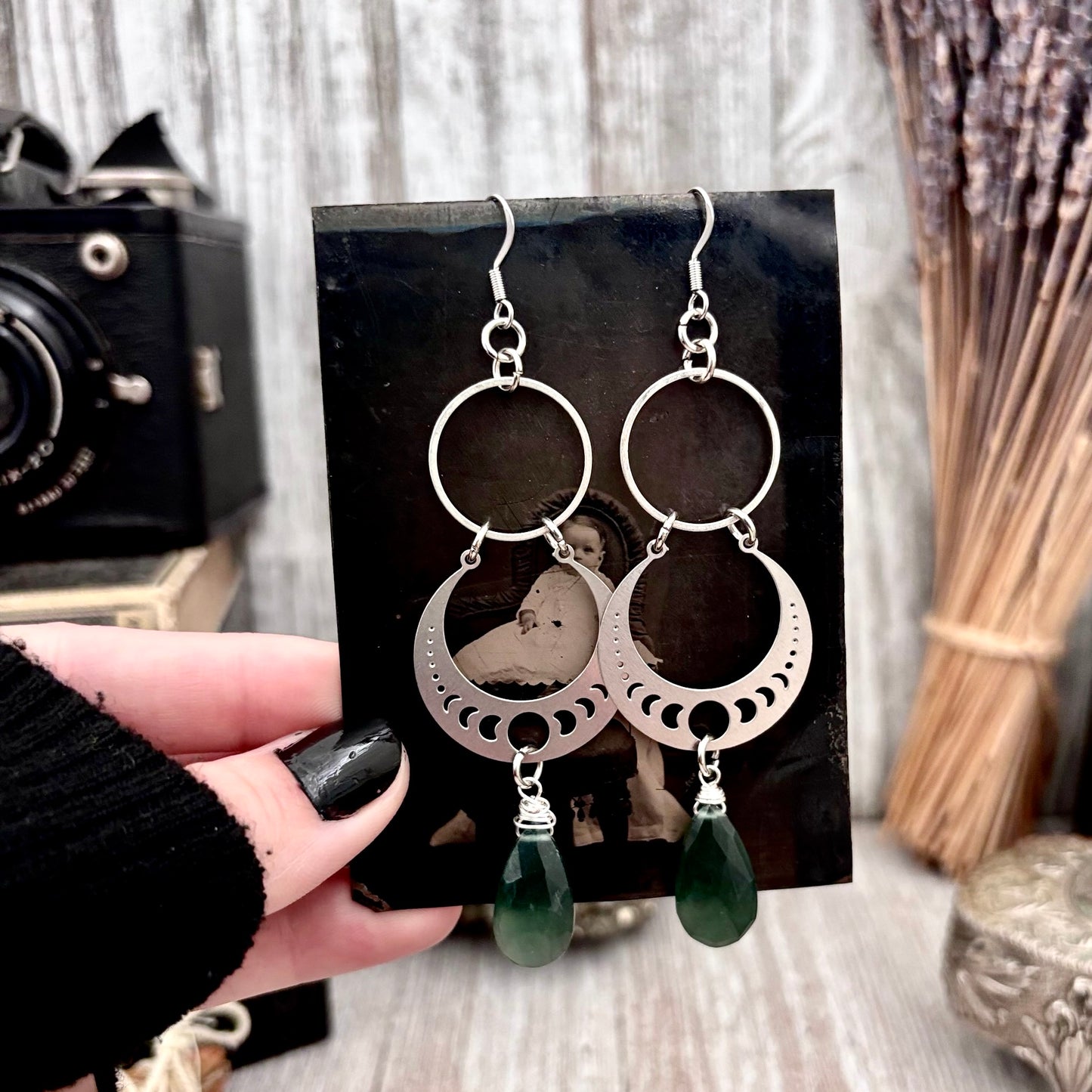 Stainless Steel Serpentine Moon Phases Hoop Earrings / Long Dangle Earrings