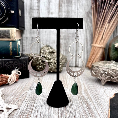 Stainless Steel Serpentine Moon Phases Hoop Earrings / Long Dangle Earrings