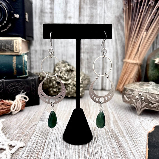 Stainless Steel Serpentine Moon Phases Hoop Earrings / Long Dangle Earrings